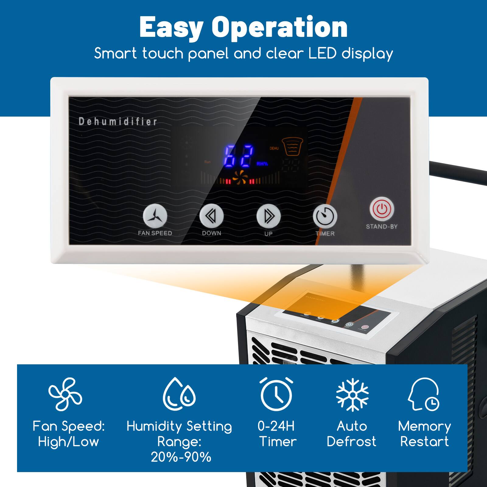 Easy Operation Smart touch panel and clear LED display

Dehumidifier

Fan Speed: High/Low
Humidity Setting Range: 20%-90%
0-24H Timer
Auto Defrost
Memory Restart