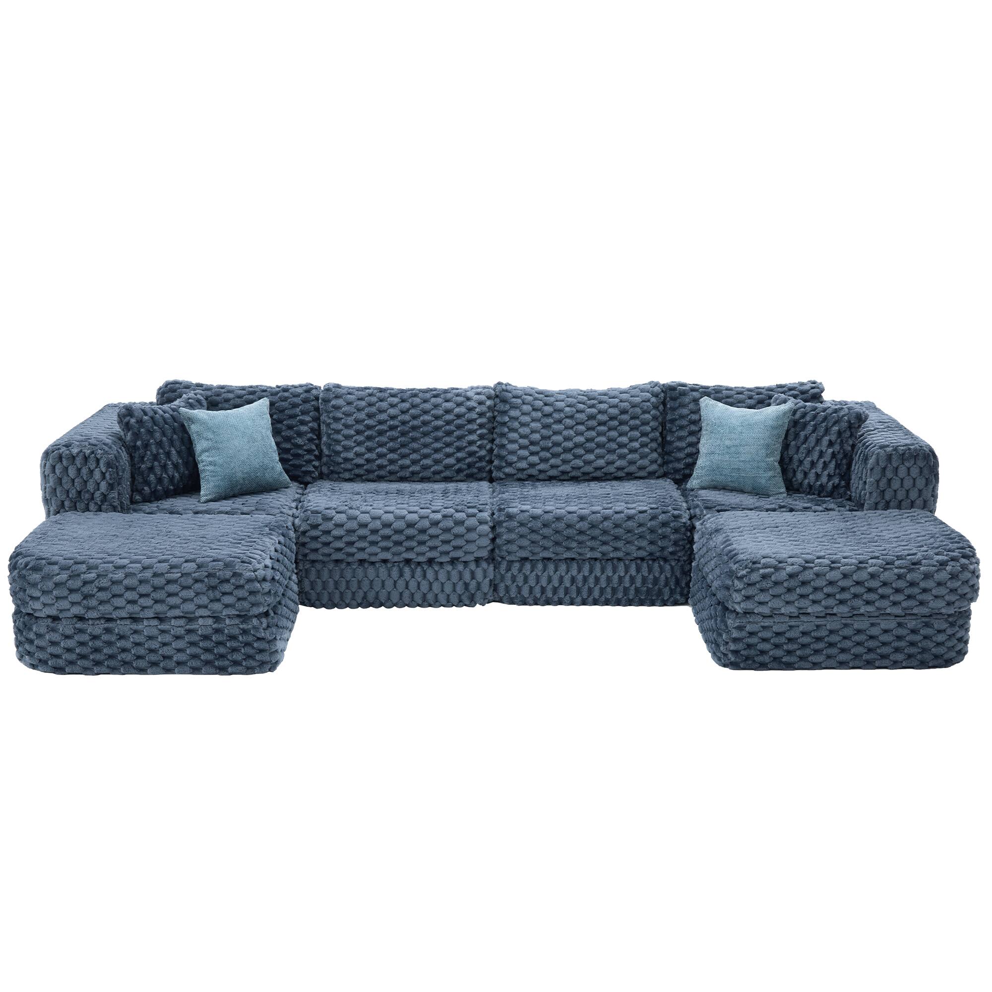 Back. Whisen - Modular Boneless Sectional Sofa with Two Movable Ottomans for Living Room - Blue.