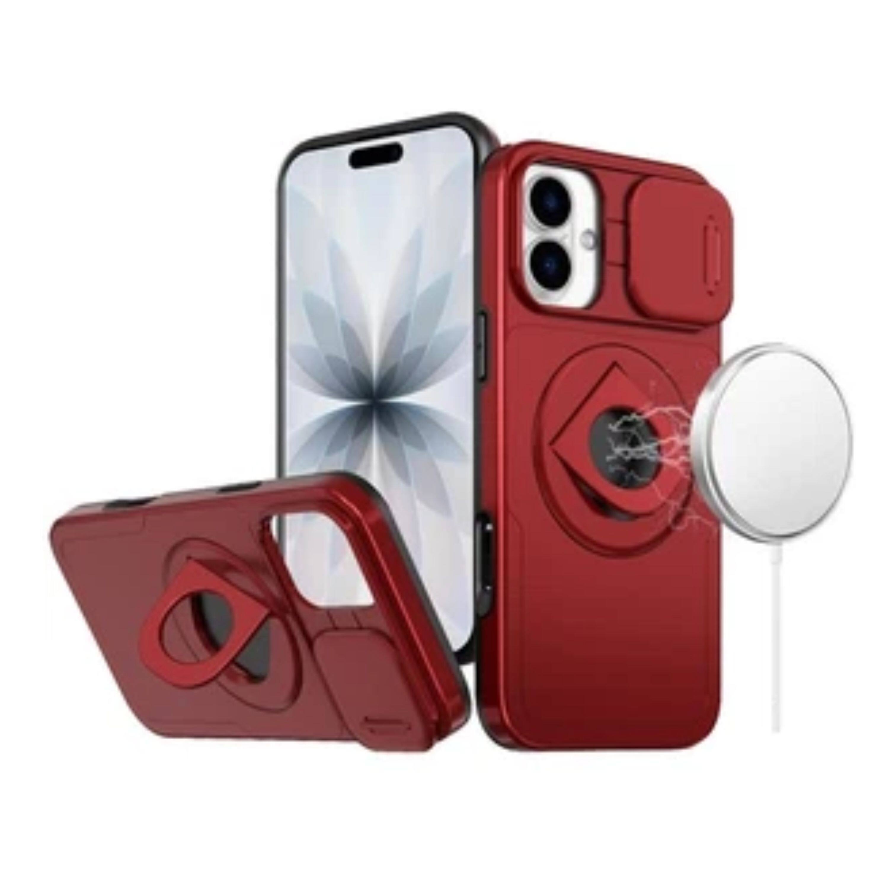 Angle. Kitcheniva - Full Protection Phone Case With 360 Stand Magnetic Circle Tempered Glass For iPhone 17 Red - Red.