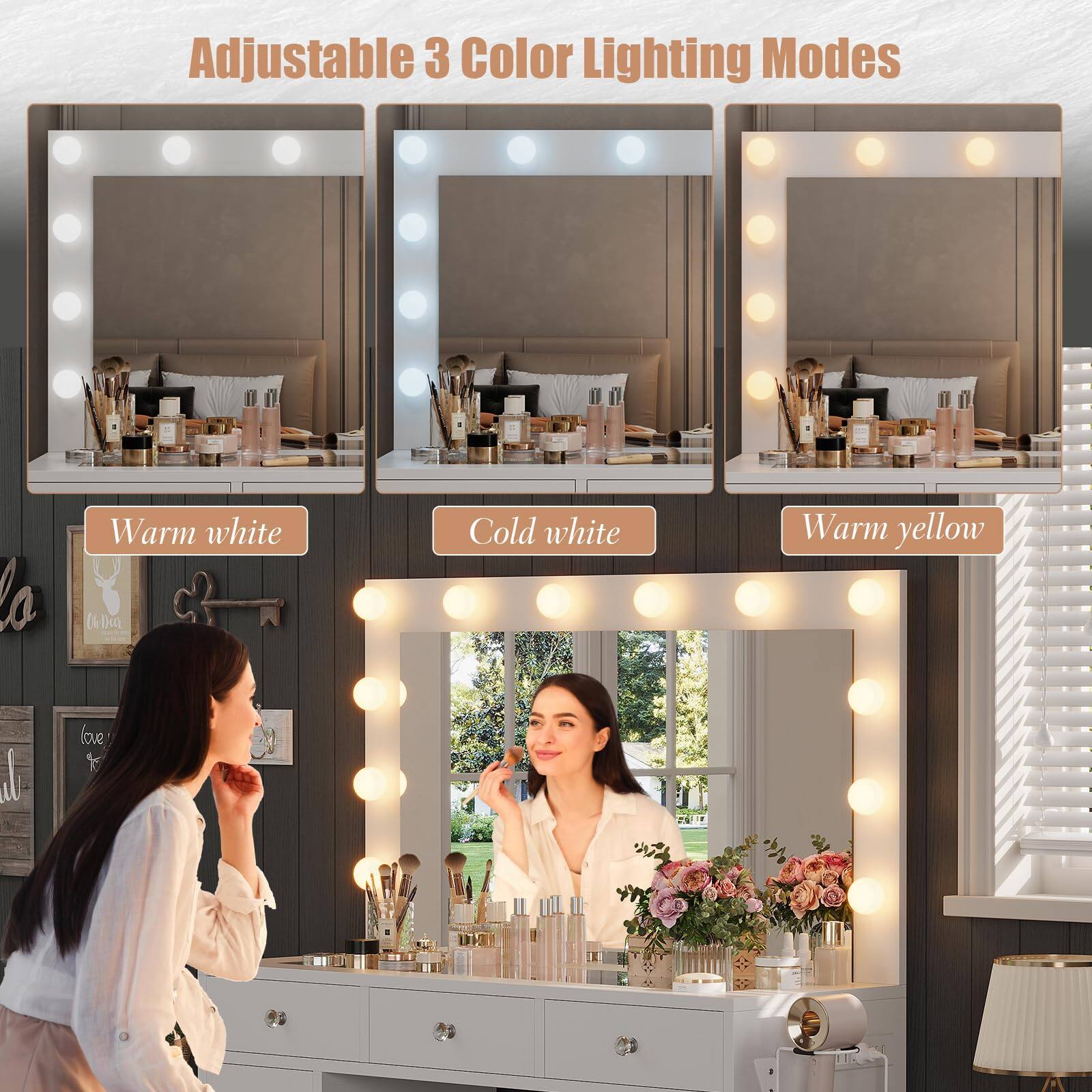 Adjustable 3 Color Lighting Modes

Warm white  
Cold white  
Warm yellow