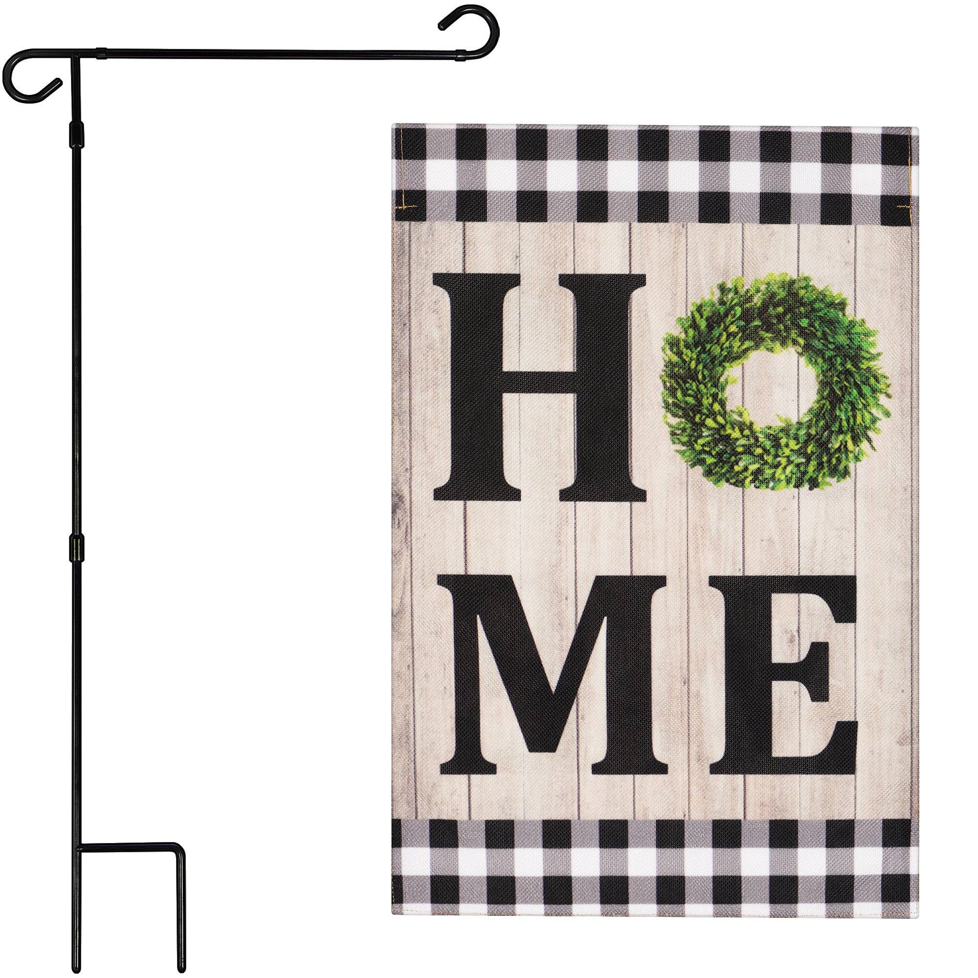 G128 - Combo Pack: 36 x 16 in Garden Flag Stand & 12"x18" Double-Sided Burlap Flag — Home Sweet Home Wreath - Assorted Colors