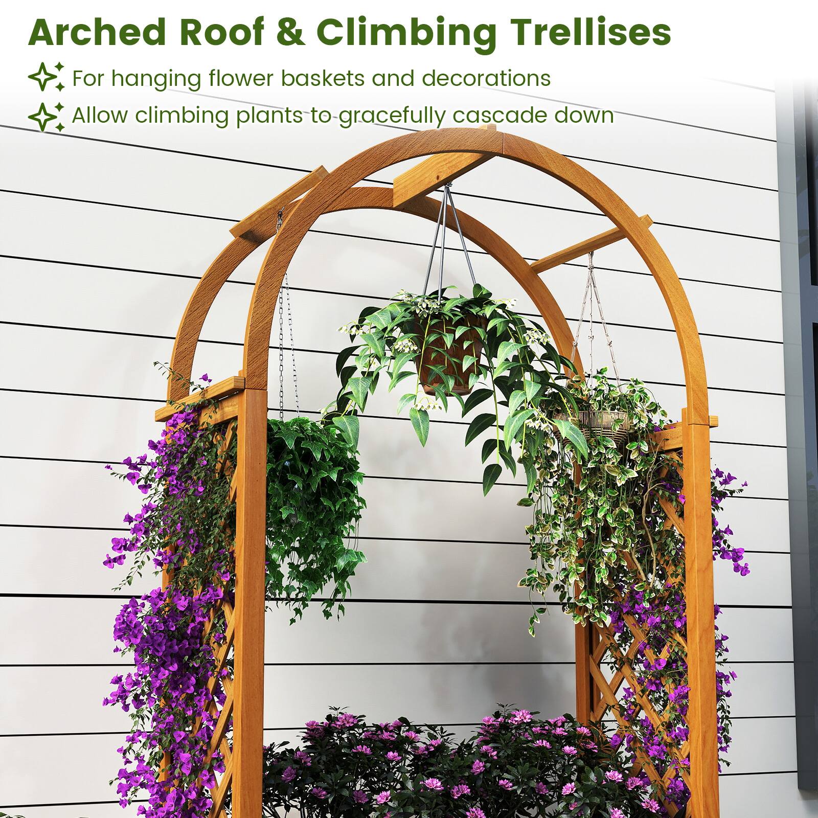 Arched Roof & Climbing Trellises

- For hanging flower baskets and decorations
- Allow climbing plants to gracefully cascade down
