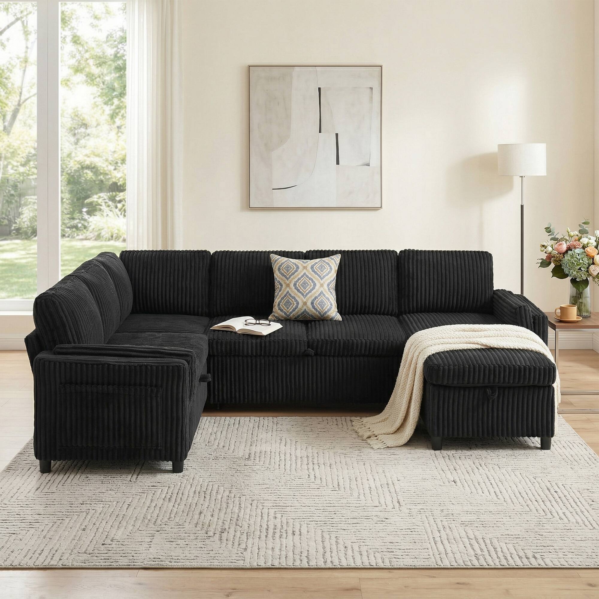 Angle. Whisen - Convertible U-Shaped Sectional Sofa Bed Pull Out Sleeper with USB Ports and Storage - Black.