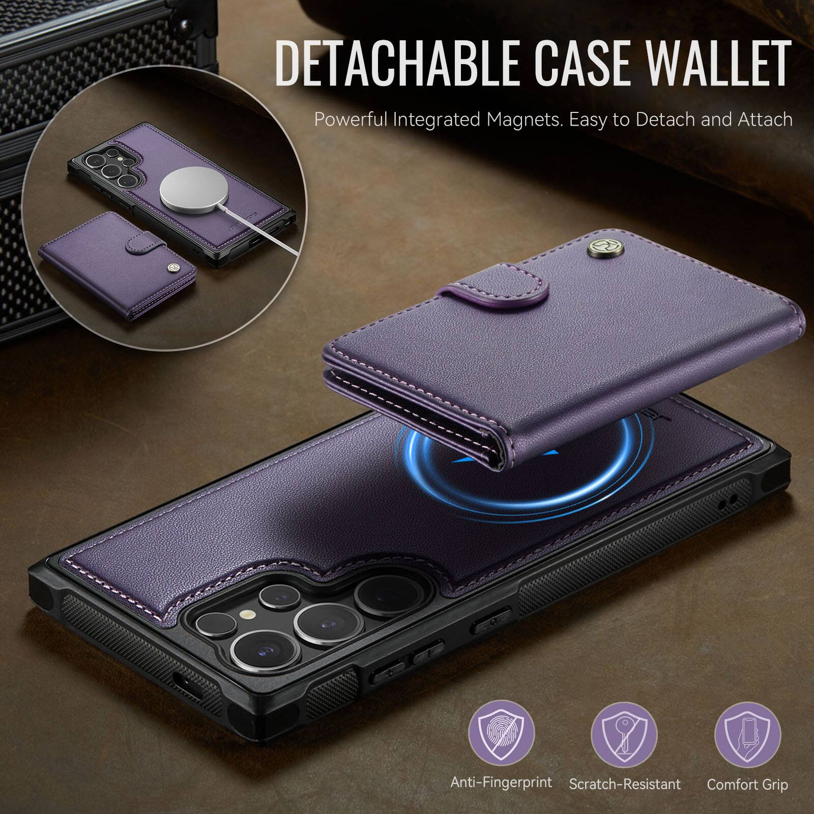 DETACHABLE CASE WALLET  
Powerful Integrated Magnets. Easy to Detach and Attach  
Anti-Fingerprint Scratch-Resistant Comfort Grip