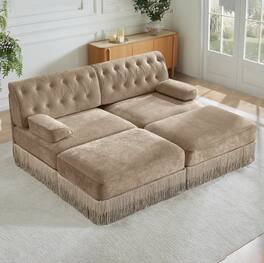 Anysun - Velvet Chesterfield Sofa with 2 Ottomans - Tassel Skirt, Curved Armrests, Wood Base, Free Combo & Easy Assembly - Camel