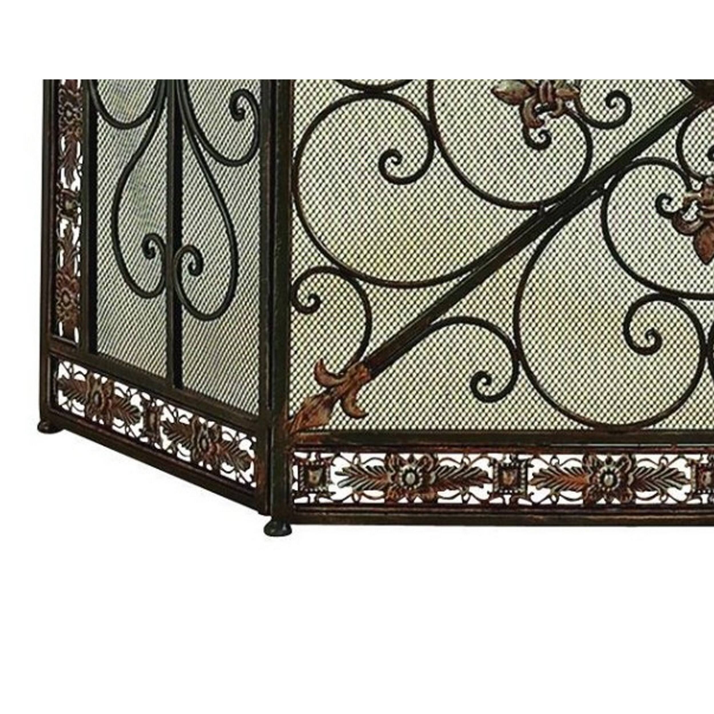 Alt View 3. Manhattan Lane - Traditional 3 Panel Metal Fire Screen With Filigree Design - Bronze, Black.
