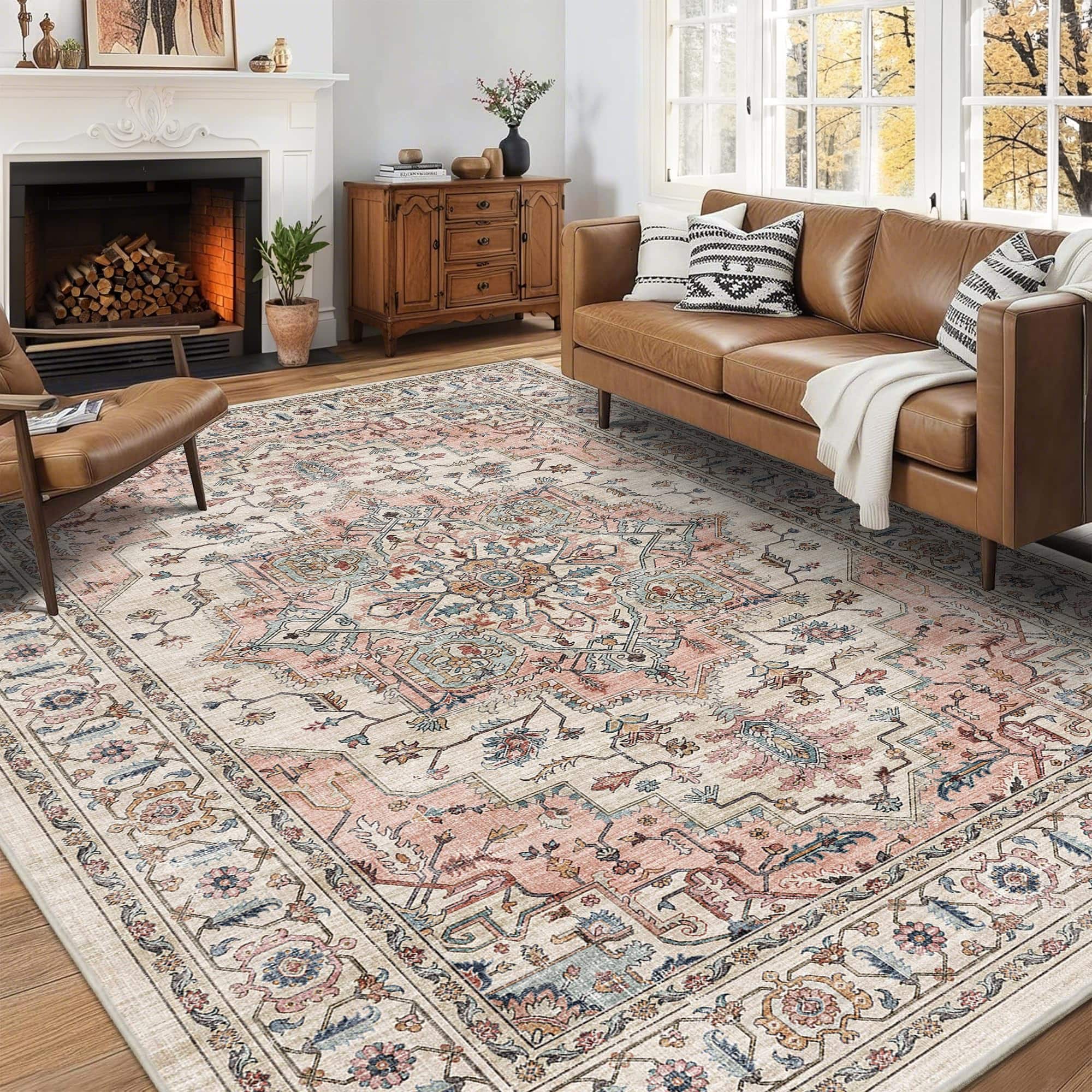 Stylel Star - 5x7 Area Rugs Living Room Ultra Soft Washable Rug Vintage Distressed Boho Non Slip Retro Print Low Pile Stain Resistant - Beige/Pink