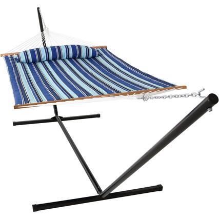 Front. Sunnydaze - 2-Person Quilted Fabric Hammock with Steel Stand - Catalina Beach.