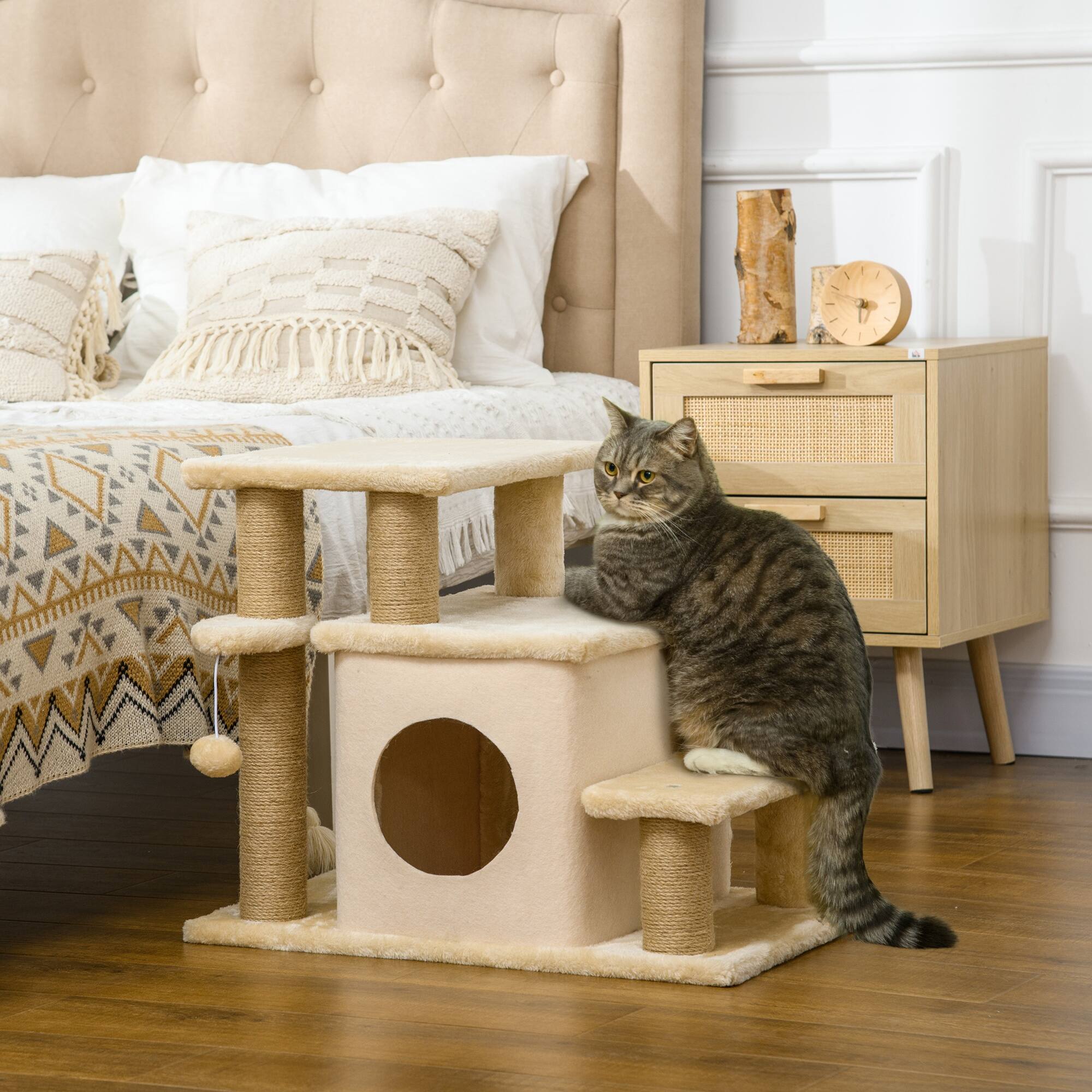 Alt View 1. Pawhut - Height 3 Step/4 Step Cat Stairs w/ Jute Cat Scratching Post, Cat Condo, Toy Ball, for Bed, Sofa - Beige.