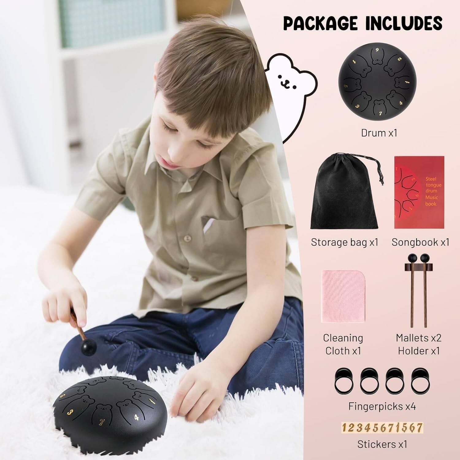 PACKAGE INCLUDES

- Drum x1
- Storage bag x1
- Songbook x1
- Cleaning Cloth x1
- Mallets x2
- Holder x1
- Fingerpicks x4
- Stickers x1

12345671567