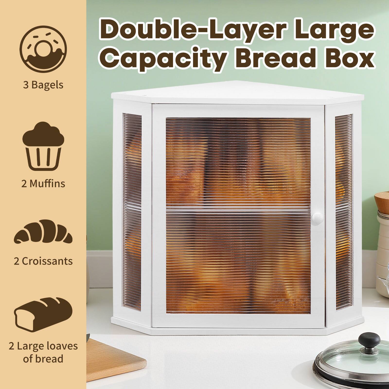 Double-Layer Large Capacity Bread Box

- 3 Bagels
- 2 Muffins
- 2 Croissants
- 2 Large loaves of bread