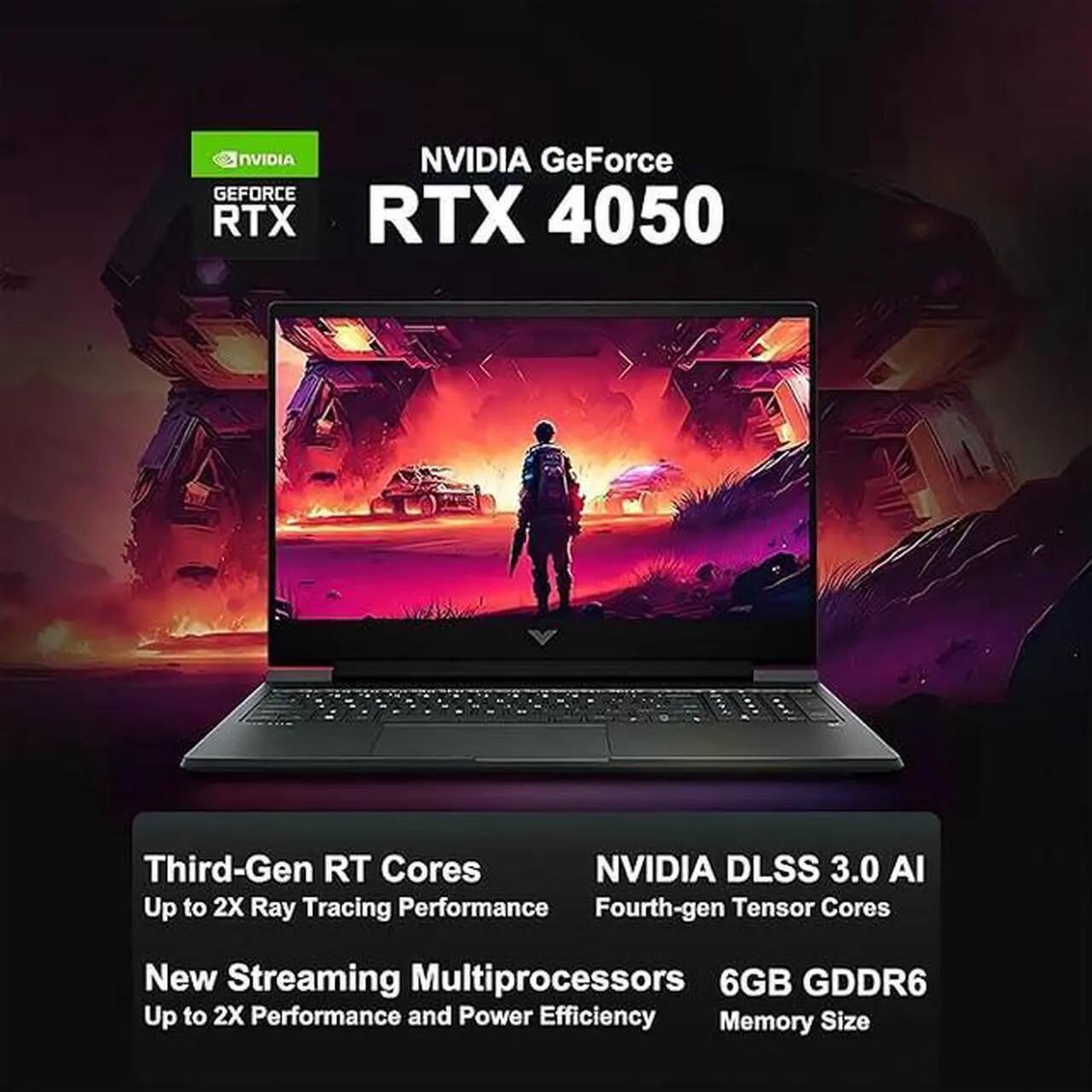 NVIDIA GeForce RTX 4050

- Third-Gen RT Cores
  - Up to 2X Ray Tracing Performance
- Fourth-gen Tensor Cores
- New Streaming Multiprocessors
  - Up to 2X Performance and Power Efficiency
- 6GB GDDR6
- Memory Size
- NVIDIA DLSS 3.0 AI