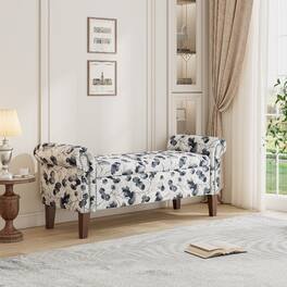 Ropilly - Traditional Rolled Arm Storage Bench Ottoman, Upholstered Entryway Bench with Nailhead Trim - Black Floral