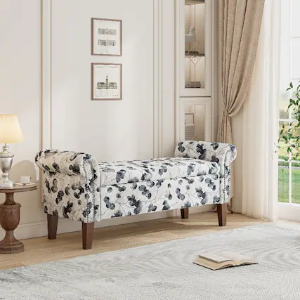 Front. Ropilly - Ropilly Traditional Rolled Arm Storage Bench Ottoman, Black Floral Upholstered Entryway Bench with Nailhead Trim - Black Floral.