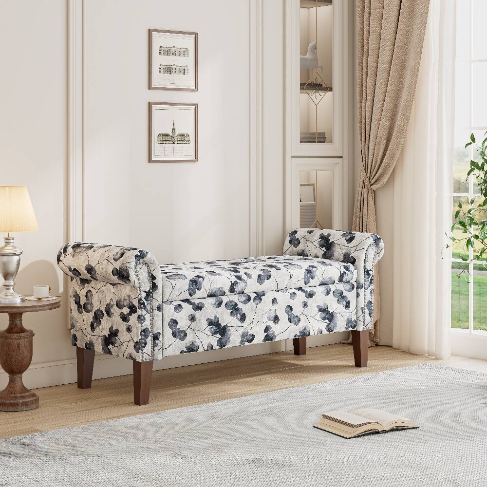 Front. Ropilly - Ropilly Traditional Rolled Arm Storage Bench Ottoman, Black Floral Upholstered Entryway Bench with Nailhead Trim - Black Floral.