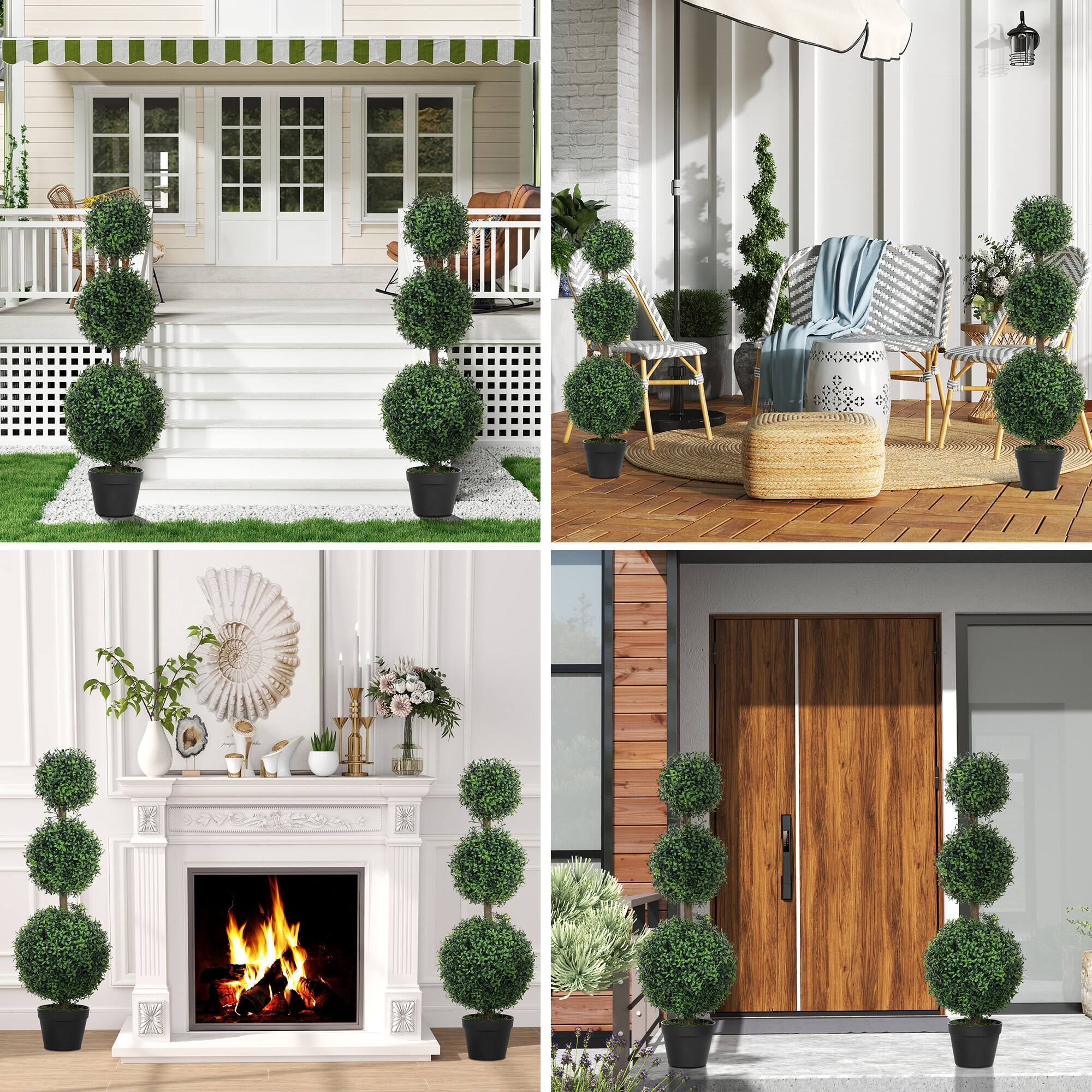 Angle. Homcom - Set of 2 Artificial Ball Boxwood Topiary Trees - Green.