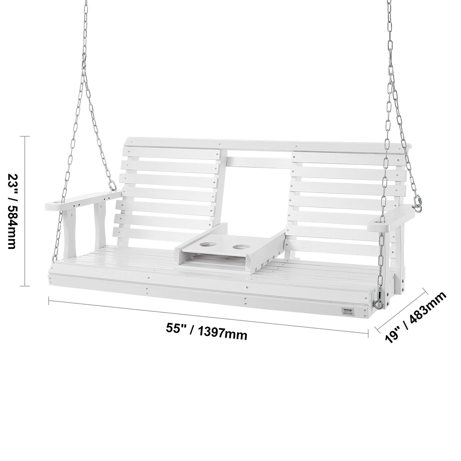 The corrected text is:

23" / 584mm  
55" / 1397mm  
19" / 483mm