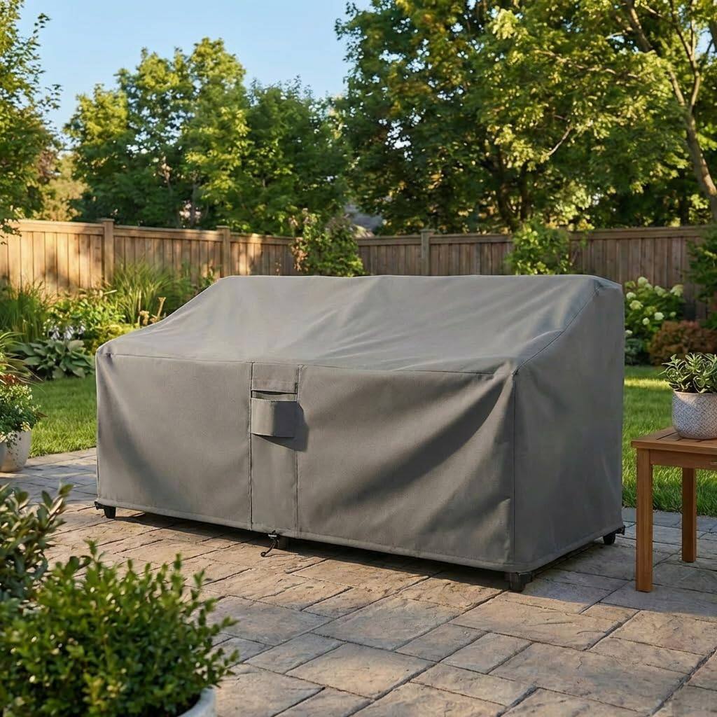 Left. KHOMO GEAR - Heavy-Duty Patio Sofa Cover, Waterproof Outdoor Furniture Protector, Fade & Weather Resistant – 32.5" H x 76” W x 31" D - Grey.