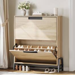 Acekool - Shoe Storage Cabinet with 2 Flip Drawers, Freestanding Narrow Shoe Rack with Metal Legs for Entryway - Oak