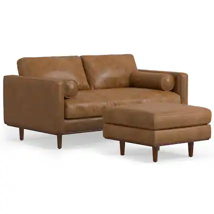 Front. Simpli Home - Morrison Mid-Century Modern 72 inch Wide Sofa with Ottoman Set in Caramel Brown Genuine Leather - Caramel Brown.
