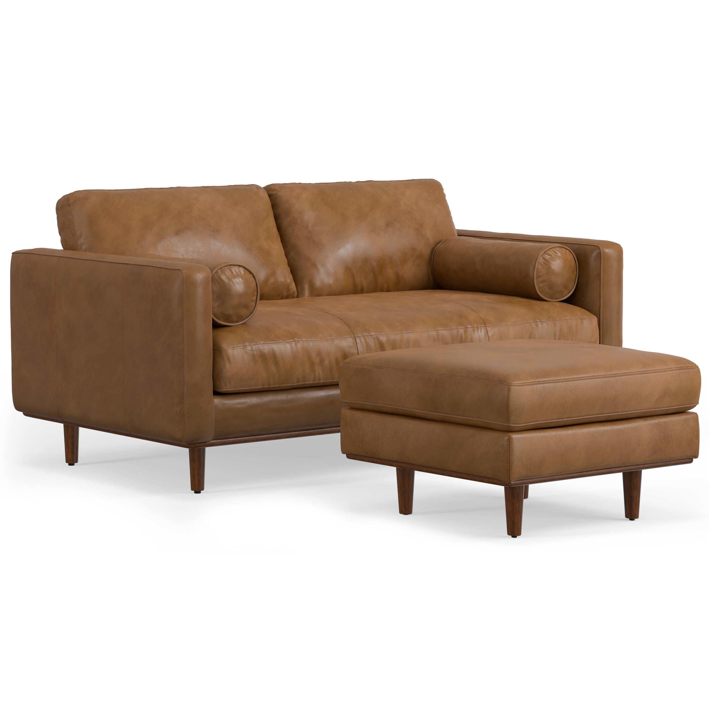 Front. Simpli Home - Morrison Mid-Century Modern 72 inch Wide Sofa with Ottoman Set in Caramel Brown Genuine Leather - Caramel Brown.