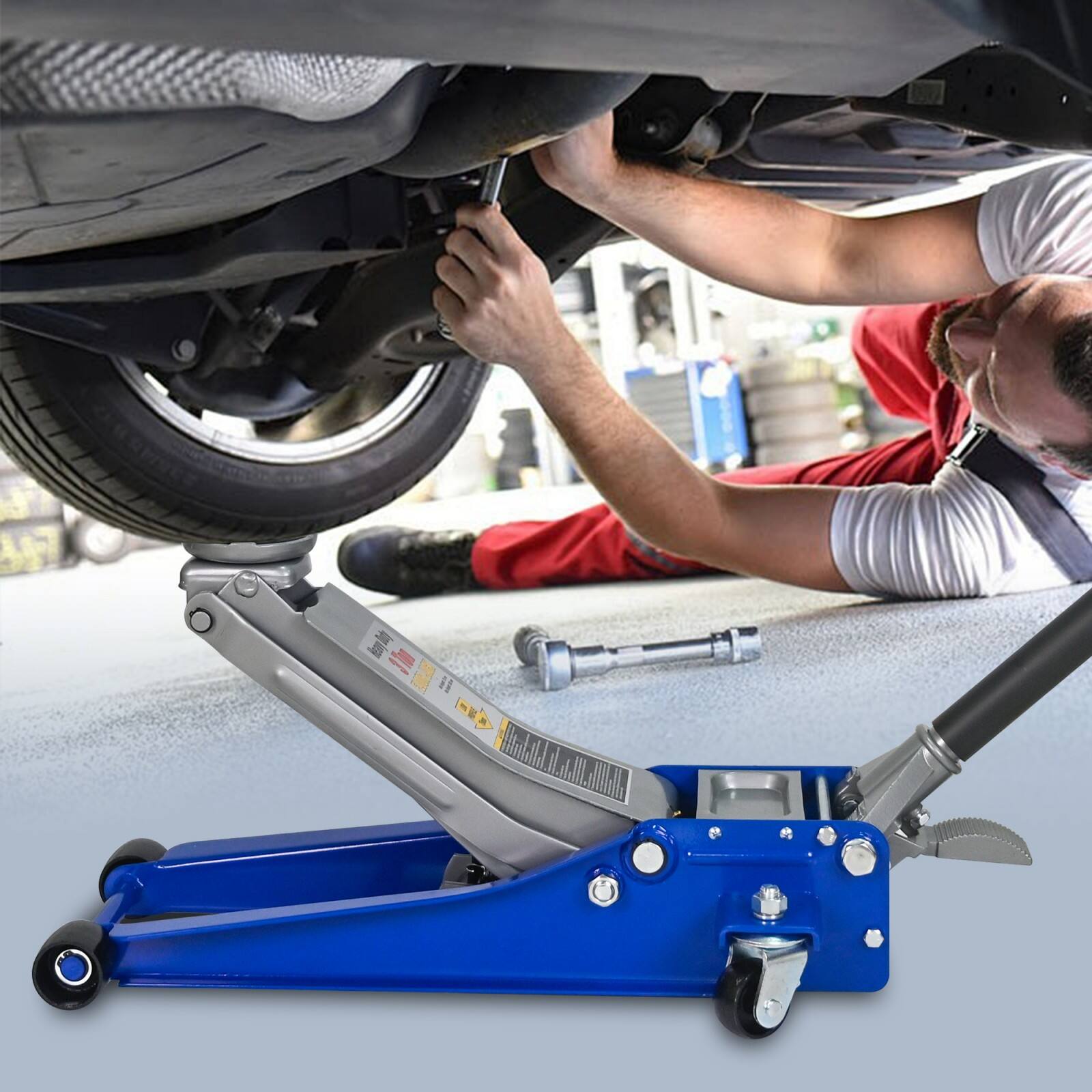 Alt View 1. Glintex - 3-Ton Dual Pump Hydraulic Floor Jack with Low-Profile Design, Foot Pedal, and CE Certification - Blue,Silver.