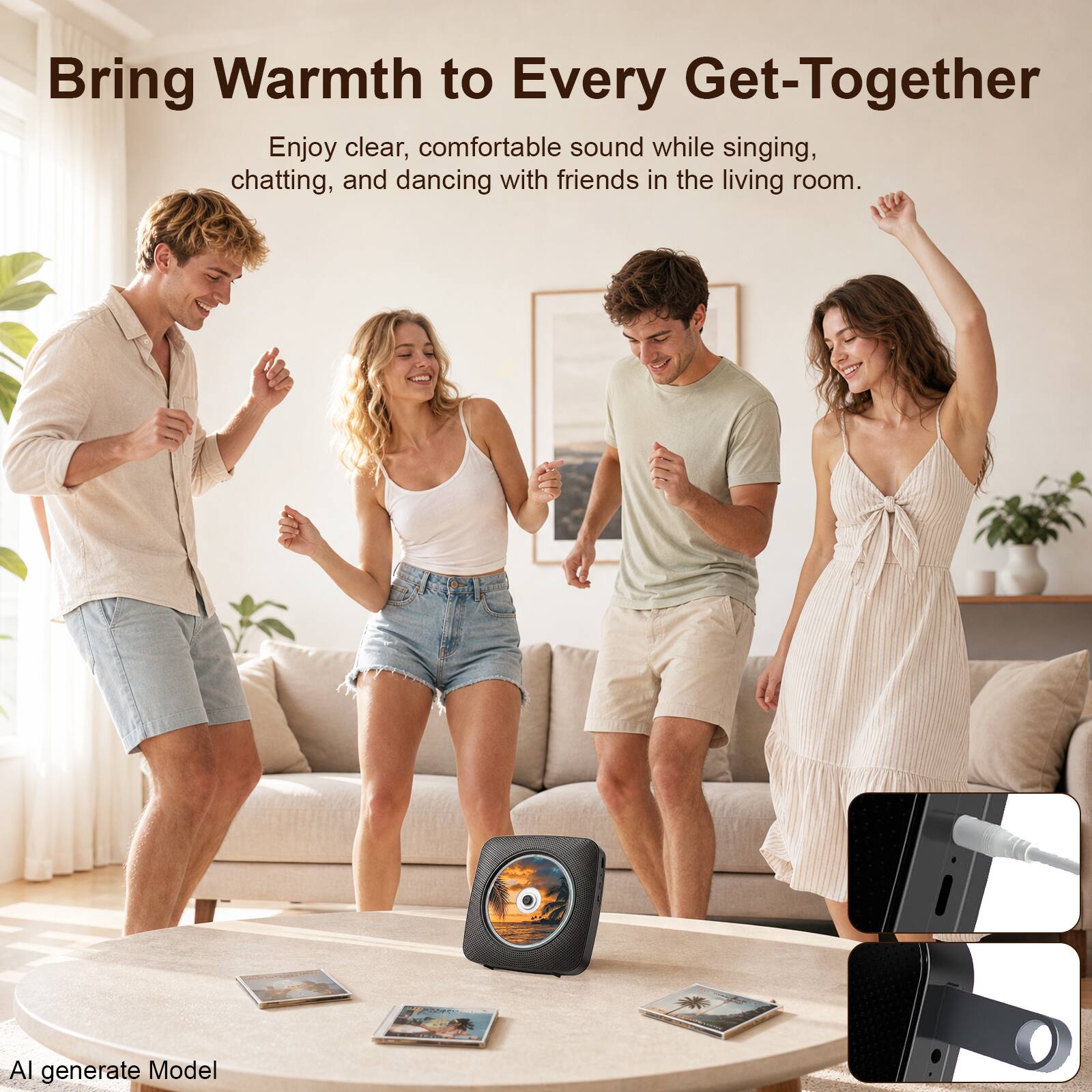Bring Warmth to Every Get-Together

Enjoy clear, comfortable sound while singing, chatting, and dancing with friends in the living room.

AI generate Model