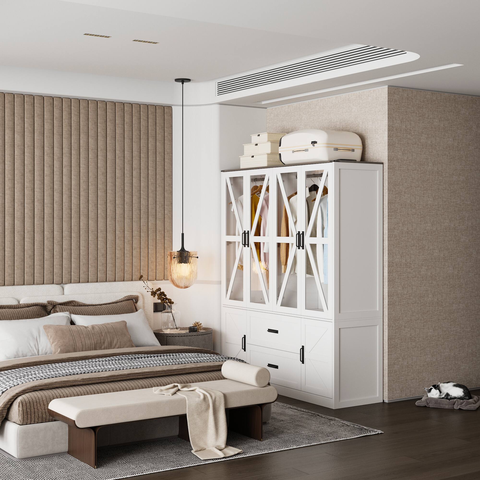 Left. FUFU&GAGA - Luxury Modern Wardrobe Closet with Glass Doors, LED Lighting System, Hanging Rods, Drawers & Open Shelves - White.