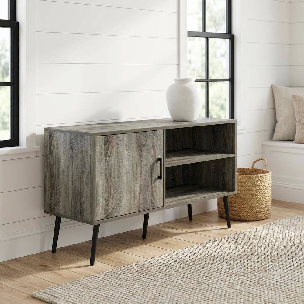 Alt View 1. FurniFact - Mid Century Style TV Stand, Wood Legs, French Oak Grey Finish, Single Cabinet - Gray.
