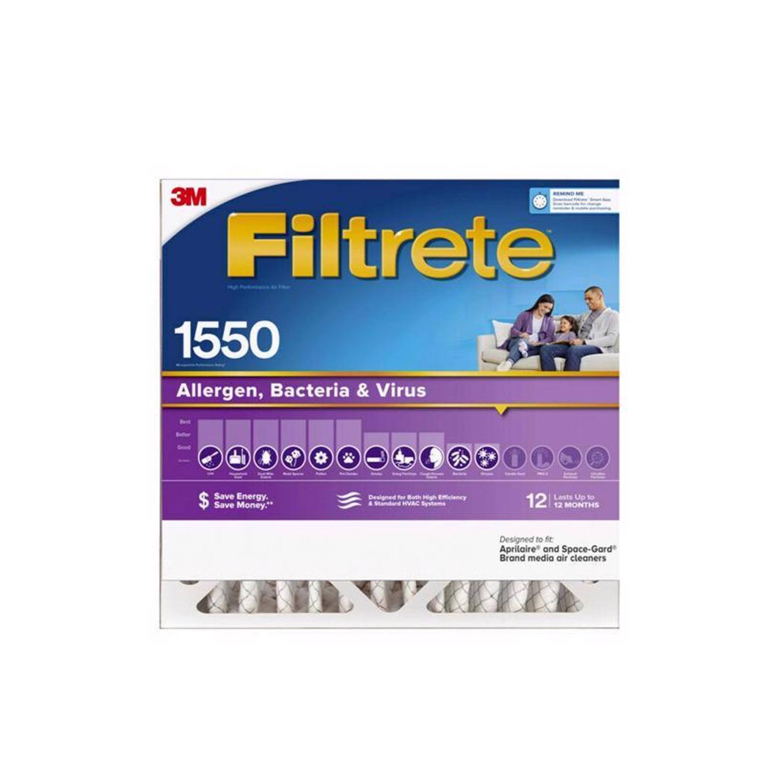 3M Filtrete 1550 Allergen, Bacteria & Virus. Save Energy. Save Money." Designed for Both High Efficiency & Standard HVAC Systems. Lasts Up to 12 MONTHS. Designed to fit Aprilaire and Space-Gard Brand media air cleaners