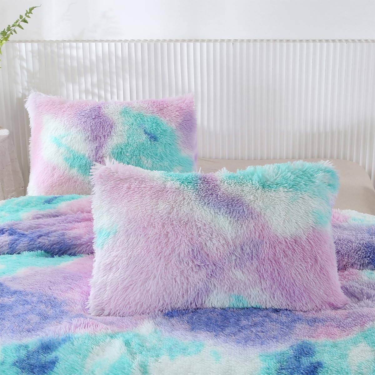 Alt View 3. Earthley Blooms - 3 Faux Comforter Set Queen Fluffy Shaggy Tie Dye Bedding For Colorful Ultra Soft Plush Furry Quilt Set Queen - Pink Rainbow-Queen-3Pcs.