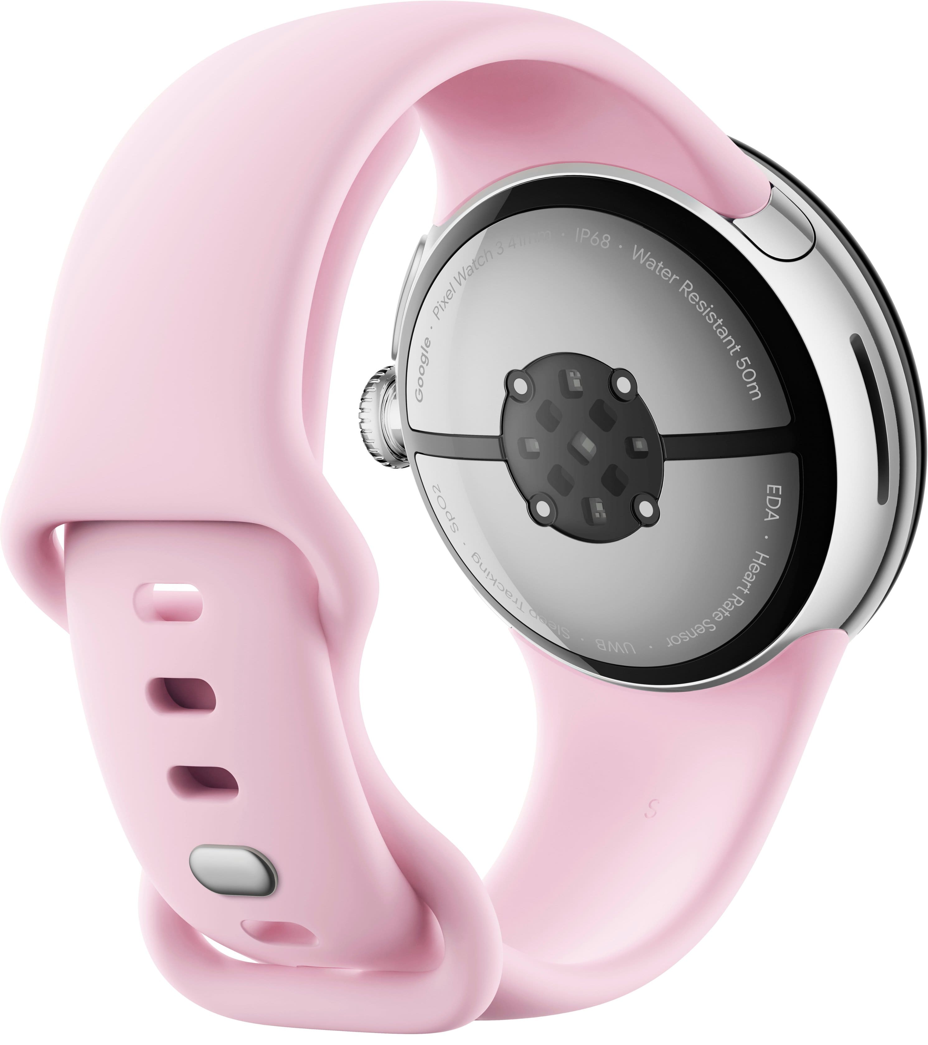 The image shows a pink watch face with a gray band. The watch is a Fitbit, which is a popular brand of fitness trackers. The watch is water resistant and has a heart rate tracking feature, making it a great choice for those who want to monitor their health and fitness. The watch also has a UWB sensor, which can be used for various purposes such as unlocking doors or making payments. The watch is designed to be comfortable and stylish, making it a great accessory for daily wear.