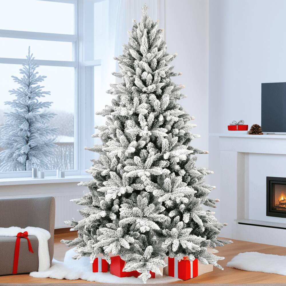 Front. Pefilos - 6ft Flocked Christmas Tree, PE+PVC Mixed Material, Hinged Design, Sturdy Metal Base, 1100 Tips - White.