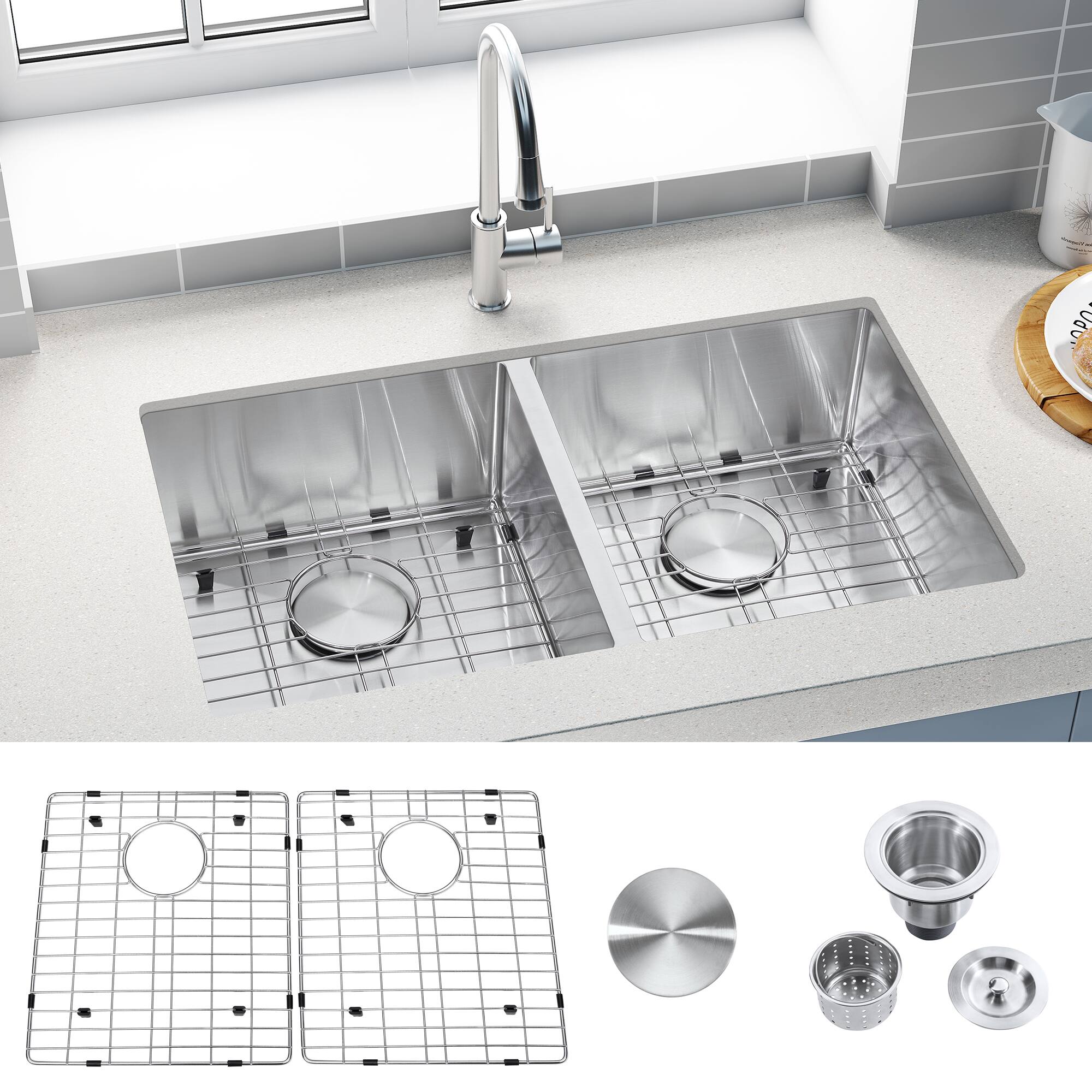 Left. Akicon - Akicon 32 in.Undermount Double Bowl 18-Gauge Brushed Stainless Steel Kitchen Sink with Bottom Grid and Basket Strainer - Silver.
