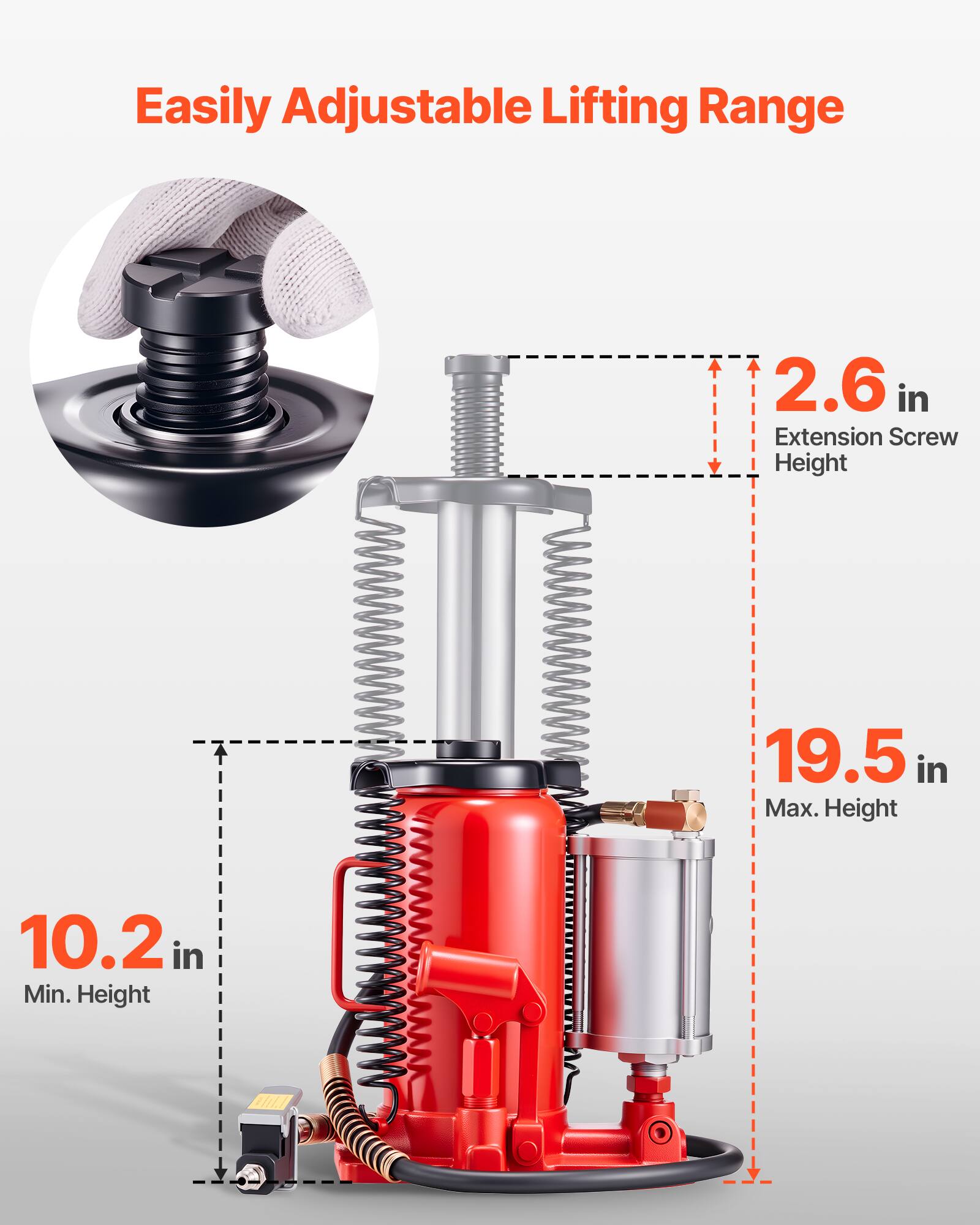 Easily Adjustable Lifting Range  
2.6 in Extension Screw Height  
19.5 in Max. Height  
10.2 in Min. Height