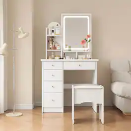 Famapy - Vanity Table with LED Mirror, Storage Drawers & Stool – Makeup Vanity Organizer for Bedroom, Space-Saving Design - White