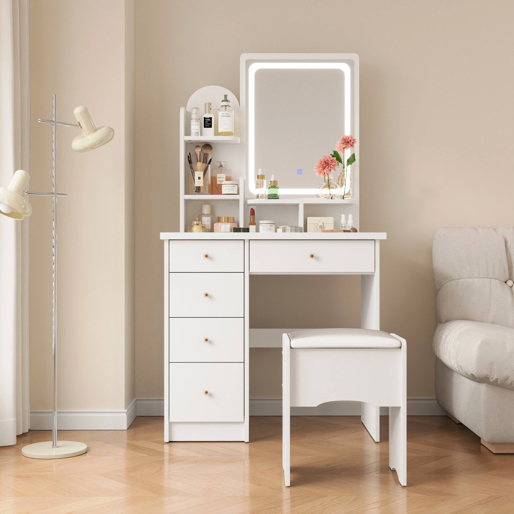 Front. Famapy - Vanity Table with LED Mirror, Storage Drawers & Stool – Makeup Vanity Organizer for Bedroom, Space-Saving Design - White.