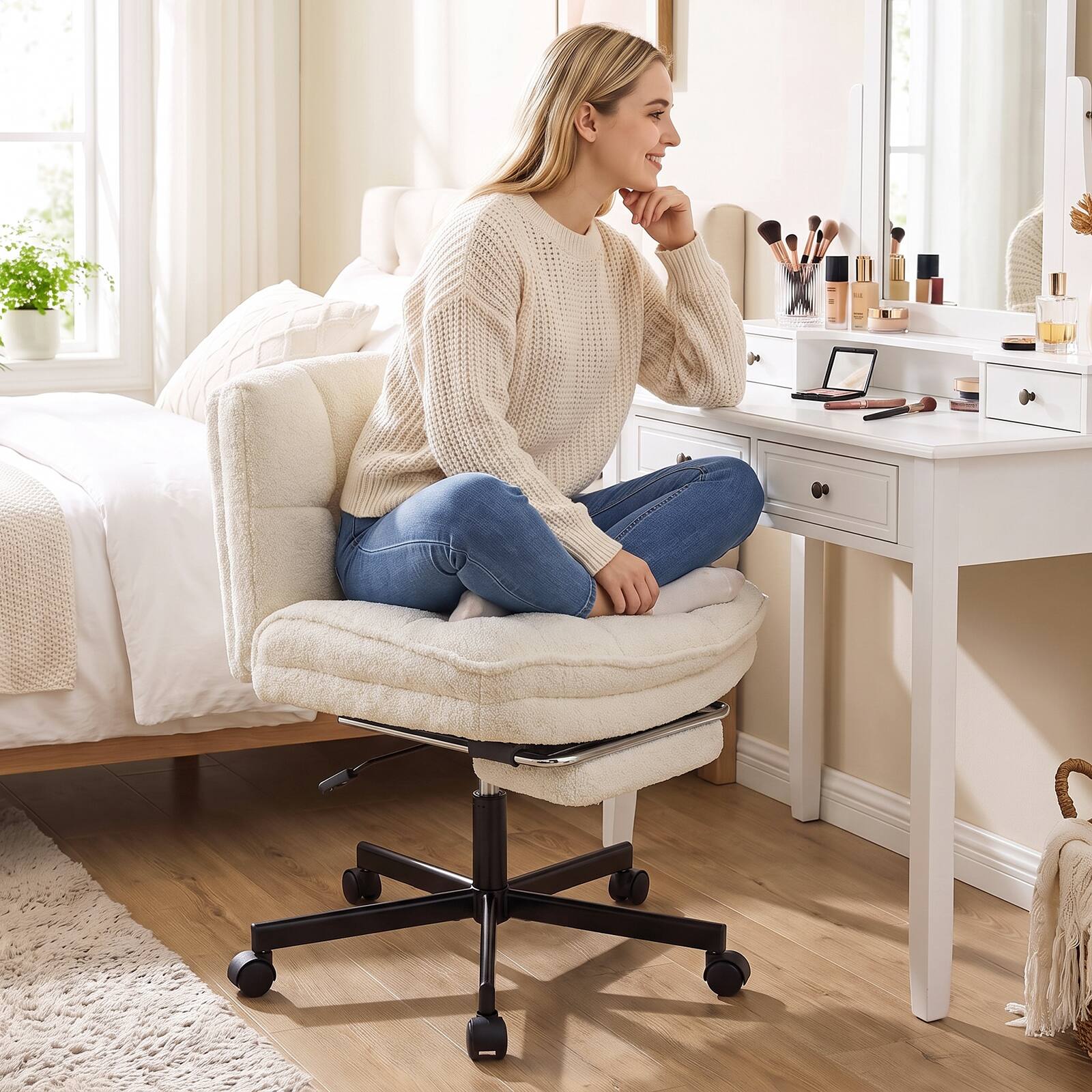 Alt View 4. Costway - Costway Ergonomic Reclining Swivel Vanity Chair with Thick Padded Seat, Rolling Casters - White.