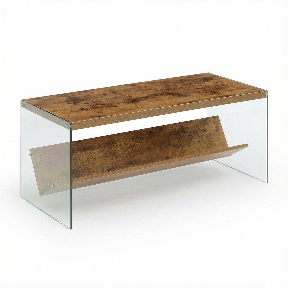FurniFact - Glass Coffee Table with Shelf Clear Contemporary Design Single Piece - Barnwood/Glass