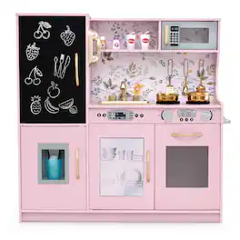 Costway - Kid's Pretend Play Kitchen Toddler Kitchen Playset with Blackboard Light - Light Pink