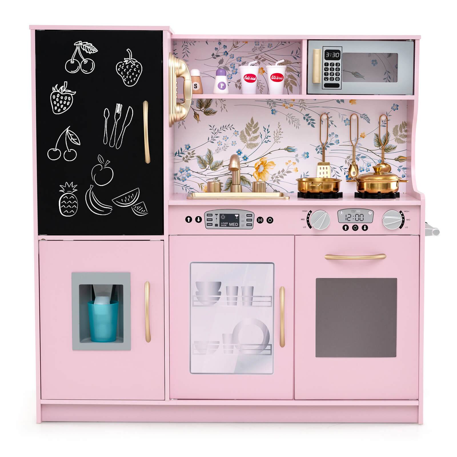 Costway - Kid's Pretend Play Kitchen Toddler Kitchen Playset with Blackboard Light - Light Pink