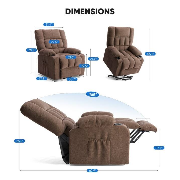 DIMENSIONS  
31.4" 27.5" 39.3" 21.6" 24.8" 55.1" 19.6" 27.5" 30.7" 165° 25.5" 17.7" 62.9"