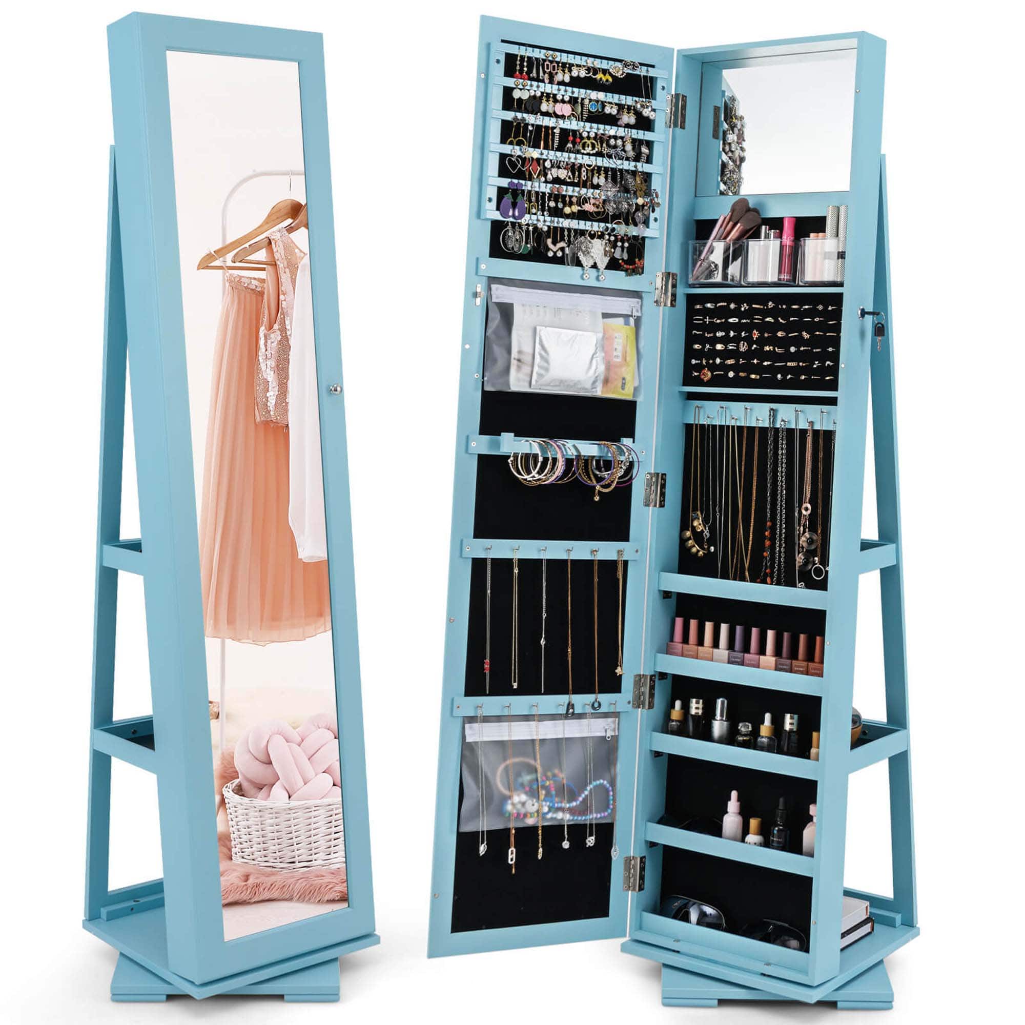 Costway - 360° Rotatable Jewelry Cabinet Armoire 2-in-1 Lockable Mirrored - Blue price history on PriceWatchPro