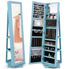 Costway - 360° Rotatable Jewelry Cabinet Armoire 2-in-1 Lockable Mirrored - Blue