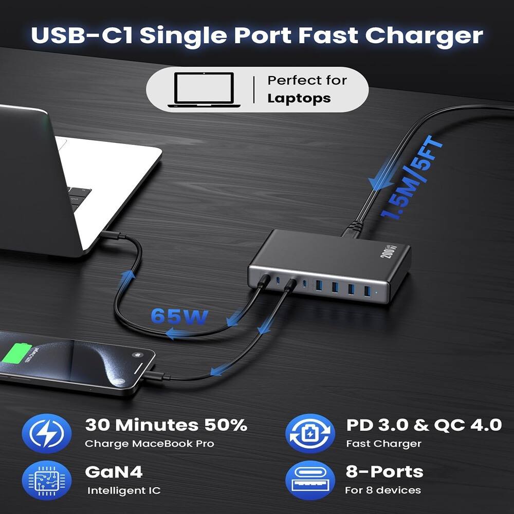 USB-C1 Single Port Fast Charger  
Perfect for Laptops  

1.5M/5FT  

65W  

30 Minutes 50% Charge MacBook Pro  

GaN4 Intelligent IC  

PD 3.0 & QC 4.0 Fast Charger  

8-Ports For 8 devices
