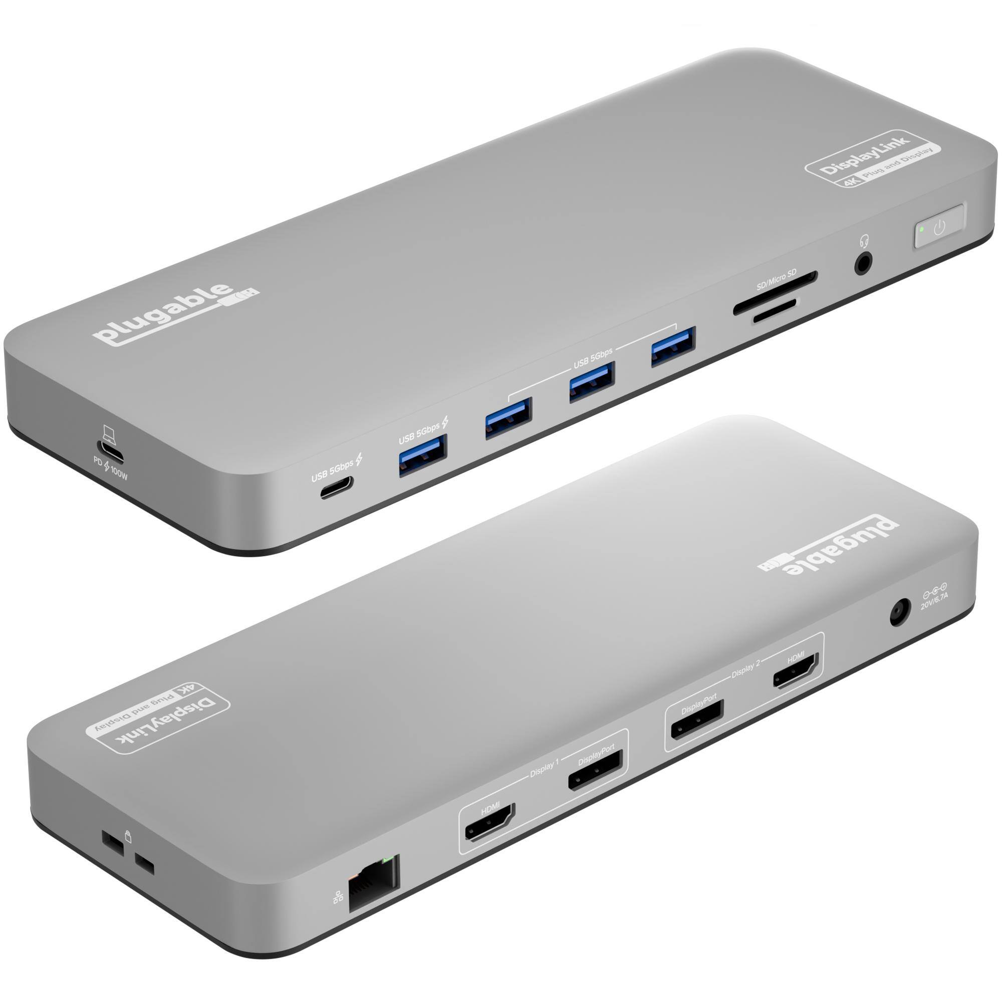 Plugable - USB C Laptop Docking Station-Dual Monitor 4K 60Hz Apple Mac M1/M2/M3-2x HDMI or 2x DisplayPort-100W Charging - Silver