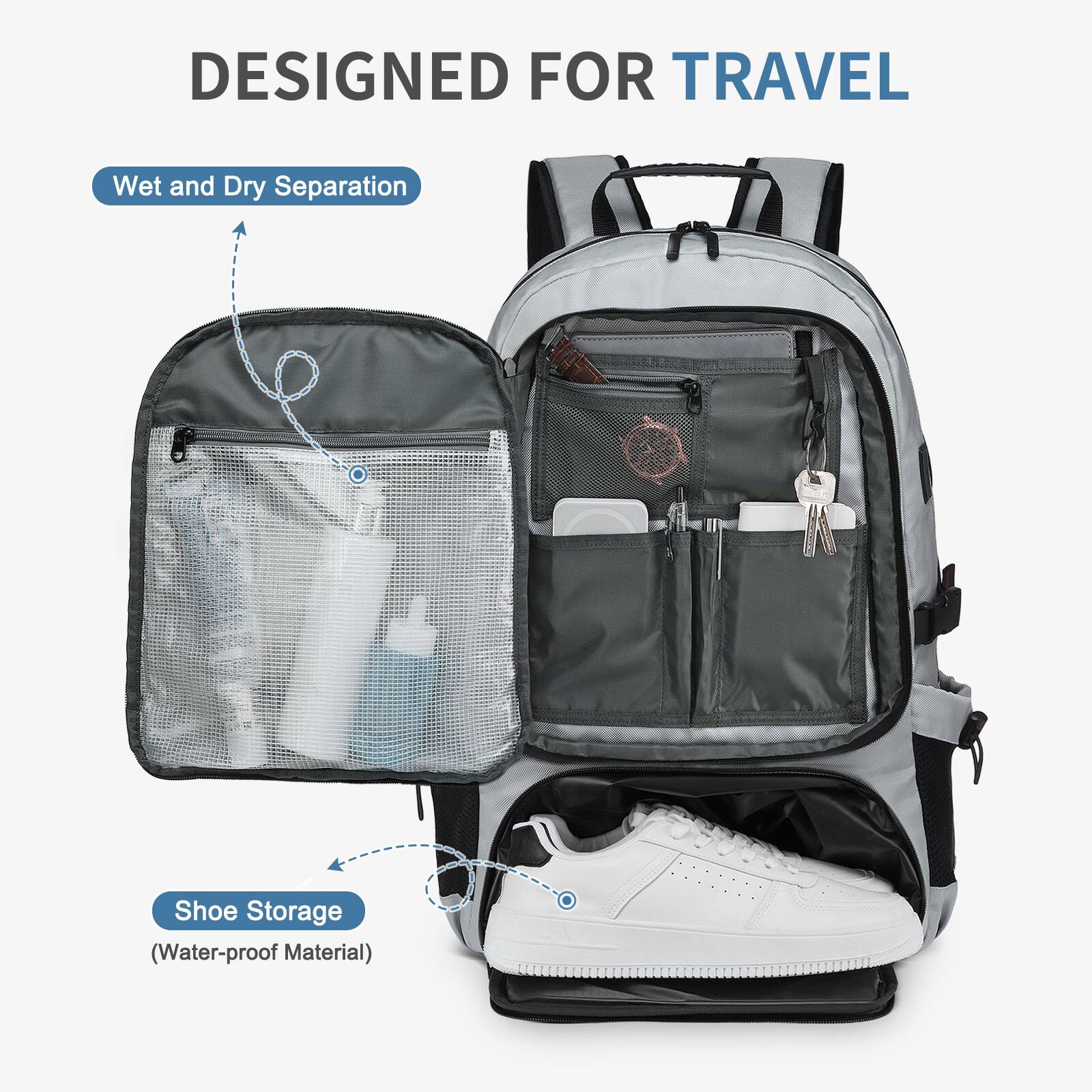 DESIGNED FOR TRAVEL

Wet and Dry Separation

Shoe Storage (Water-proof Material)