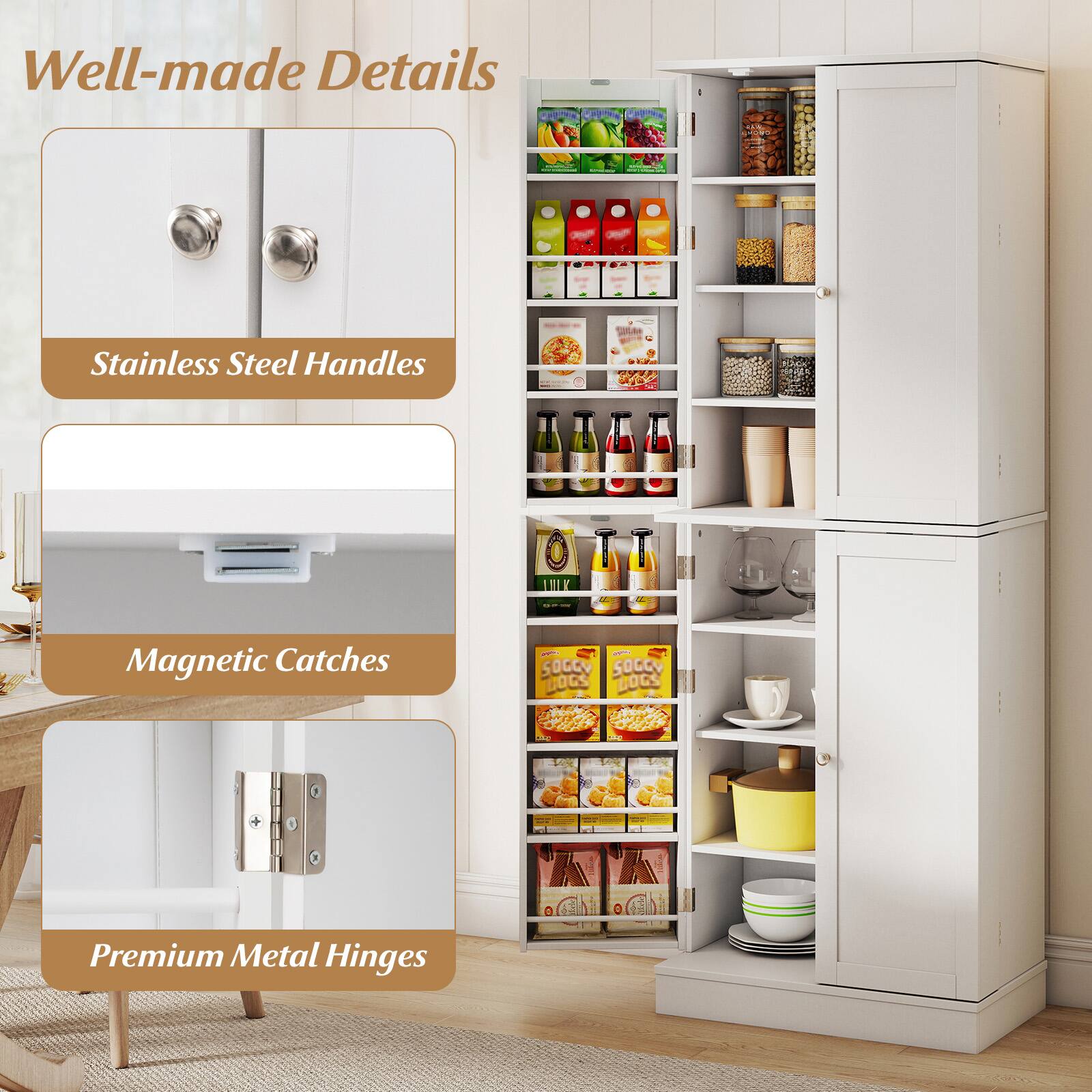 Well-made Details

- Stainless Steel Handles
- Magnetic Catches
- Premium Metal Hinges