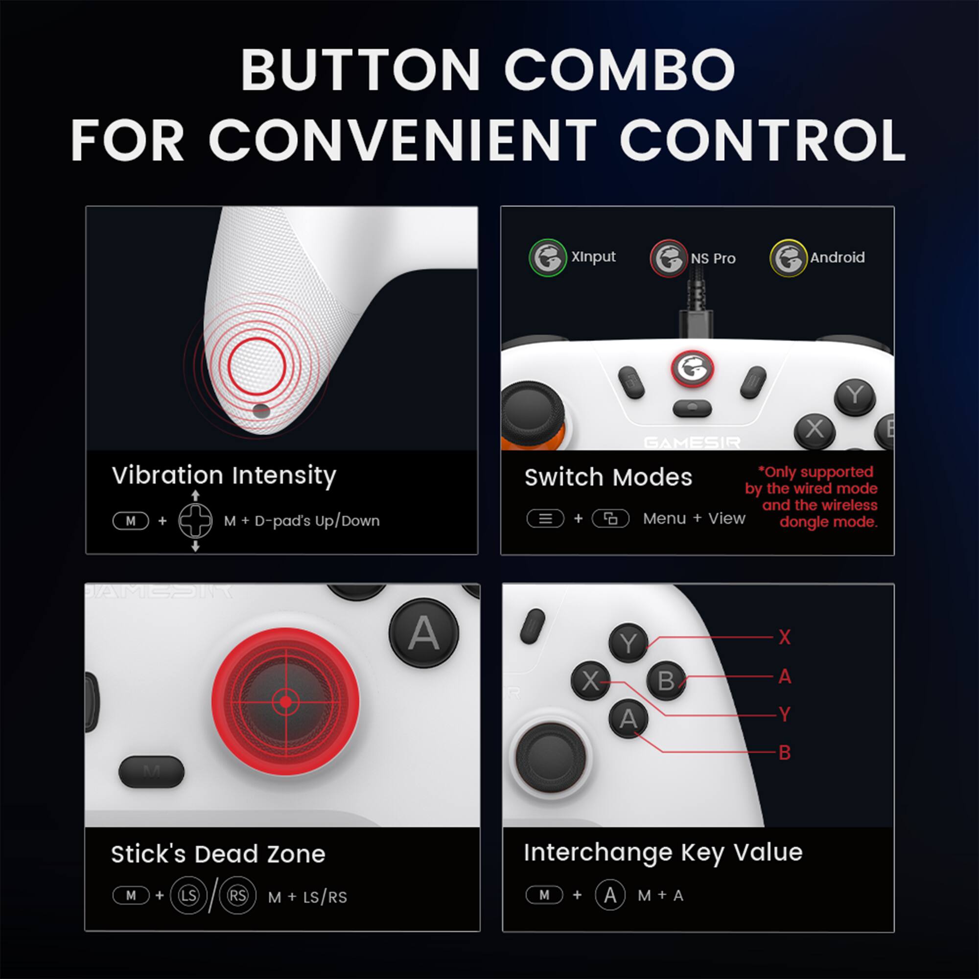 BUTTON COMBO FOR CONVENIENT CONTROL

Vibration Intensity  
M + D-pad's Up/Down

Switch Modes  
Menu + View  
*Only supported by the wired mode and the wireless dongle mode.

Stick's Dead Zone  
M + LS/RS

Interchange Key Value  
M + A