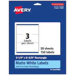 Avery - Matte Rectangle Labels, 3-1/4" x 8-3/8", 150 Labels - White